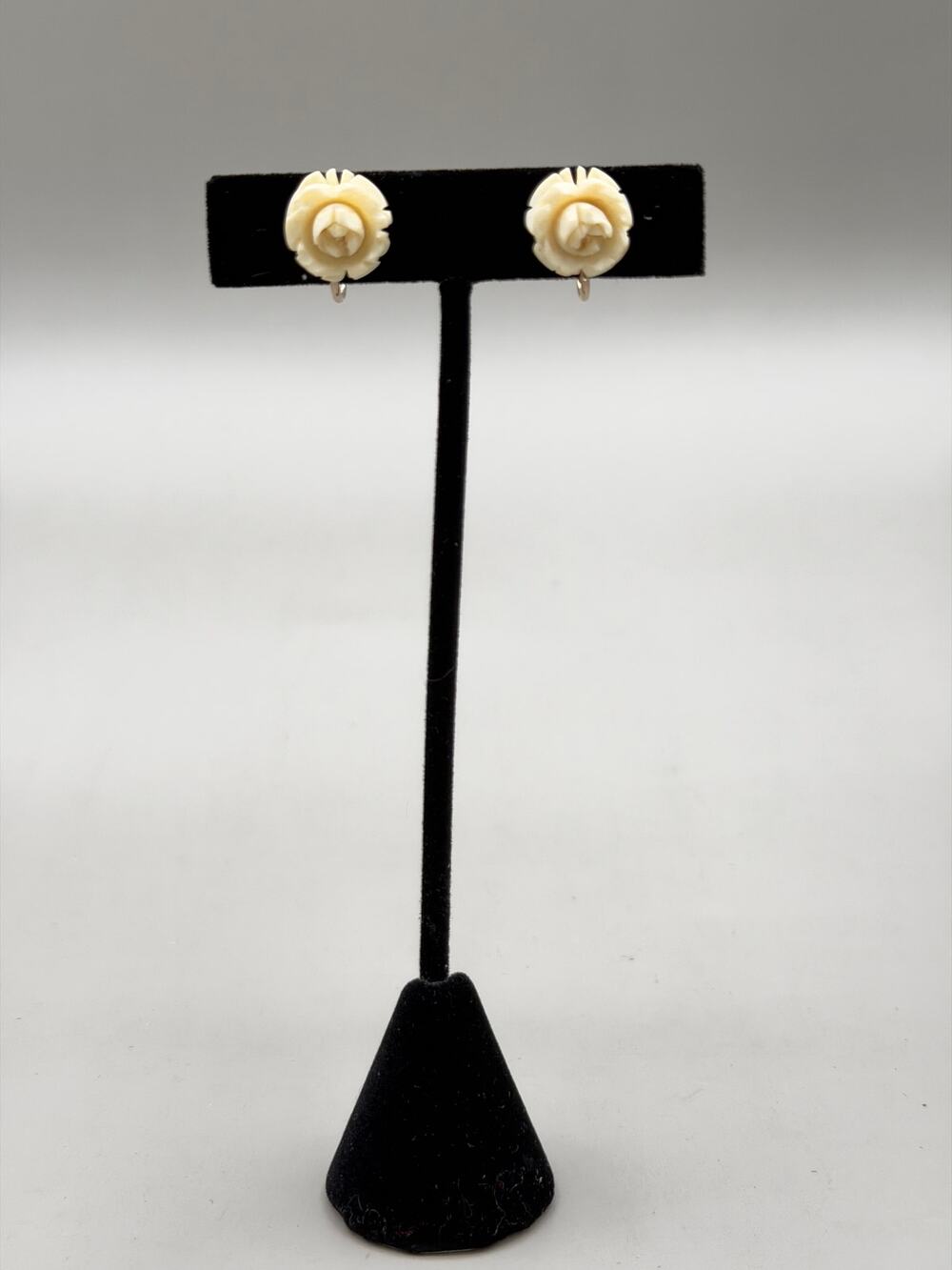 Vintage Van Dell Carved Celluloid Ivory Rose 1/20 12K GF Screw Back Earrings
